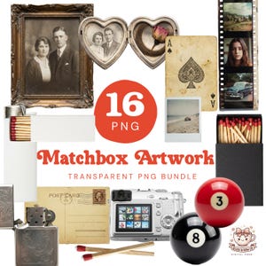 Pôster de caixa de fósforos PNG, Clipart gráfico de caixa de fósforos vintage, 16 elementos de arte digital