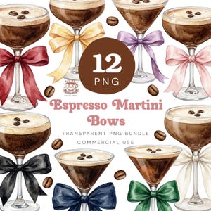 Puede incluir: Ilustración en acuarela de cócteles espresso martini con lazos de varios colores. La imagen incluye el texto "12 PNG" y "Espresso Martini Bows". También hay granos de café.