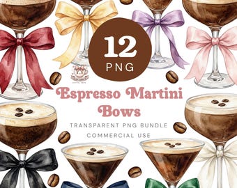 Pacote de imagens PNG em aquarela com laços para Espresso Martini, clipart de coquetéis com fitas charmosas, download digital.