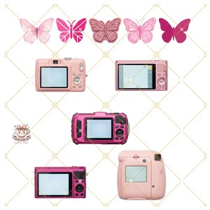 May include: An assortment of pink digital cameras and butterfly designs. The cameras include a compact point-and-shoot, a waterproof model, and an instant camera. The butterflies are in shades of pink and feature different designs.