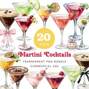 May include: A watercolour illustration of various martini cocktails, including espresso, fruit, and olive martinis. The image features a transparent PNG bundle with the text "Martini Cocktails" and "20 PNG".