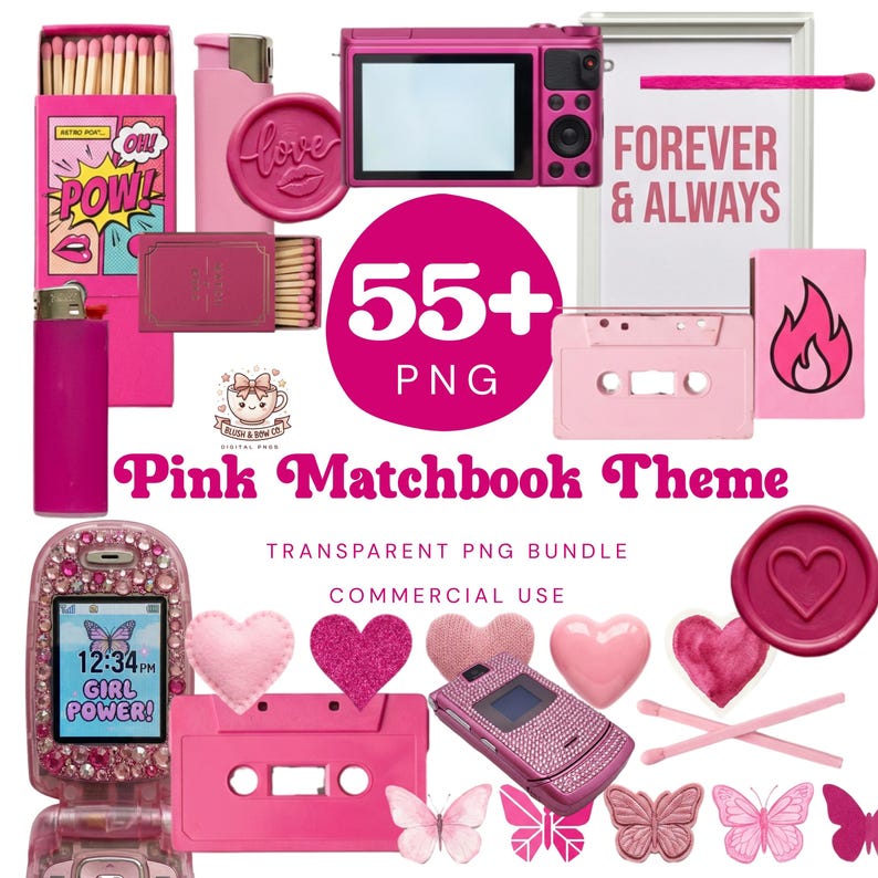 May include: A selection of pink digital graphics, including a camera, cassette tape, flip phone, matchbooks, and hearts. The image includes the text "Pink Matchbook Theme", "55+ PNG", and "Girl Power!"
