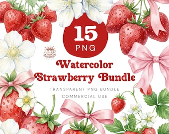 Erdbeere Pink Coquette Bow PNG Bundle, Aquarell rote Beere Png, Pink Ribbon Clipart, digitaler Download