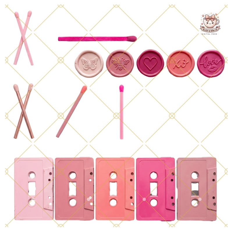 May include: A selection of pink and rose-toned items. Includes matches, wax seals with butterfly, bee, heart, and text designs, and cassette tapes. The items are arranged on a white background with a gold geometric pattern.