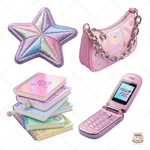 May include: A selection of Y2K-inspired items. Features a star-shaped embroidered patch in pastel shades, a pink baguette bag with a chain strap, a stack of colourful notebooks, and a pink flip phone displaying "HELLO! Y2K".