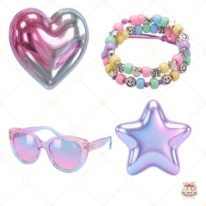 May include: A selection of accessories: a pink and silver heart, a bracelet with smiley face beads, pink sunglasses, and a holographic star-shaped object. The items have a pastel colour scheme.