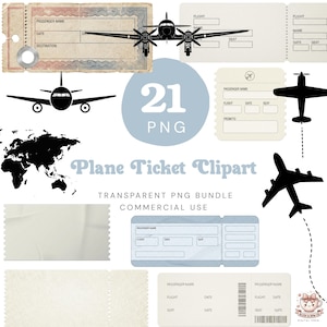 Può includere: Una collezione di elementi di clip art a tema viaggio, tra cui sagome di aerei, biglietti aerei in stile vintage e una mappa del mondo. È presente anche il testo "Plane Ticket Clipart" e "21 PNG". Adatto per progetti digitali.