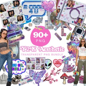 Könnte beinhalten: Eine Sammlung transparenter PNG-Grafiken im Y2K-Ästhetik-Stil, darunter Bilder von Schmetterlingen, Lipgloss, einem Klapphandy und dem Text "2 COOL 4 U". Das Bundle enthält über 90 PNG-Dateien.