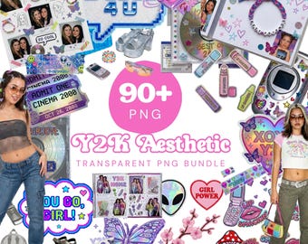 Y2K Ästhetische PNG-Bundle, Millennial Nostalgie, 2000er Jahre Clipart, Retro Sublimationsdesigns, druckbare Aufkleber
