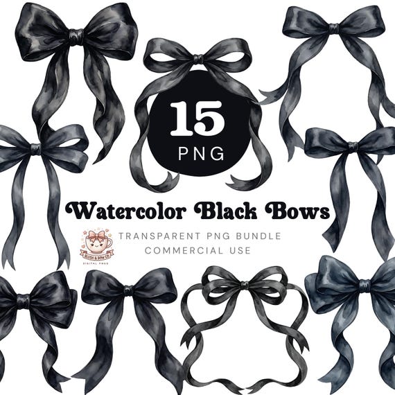 Watercolor Black Bows PNG Bundle, Black Ribbon Clipart, Digital Download