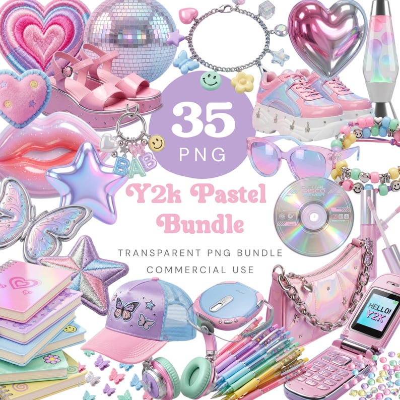 May include: A selection of Y2K-style pastel graphics, including shoes, accessories, and a flip phone. The image showcases various items in pink, purple, and blue, with the text "Y2k Pastel Bundle" and "35 PNG".