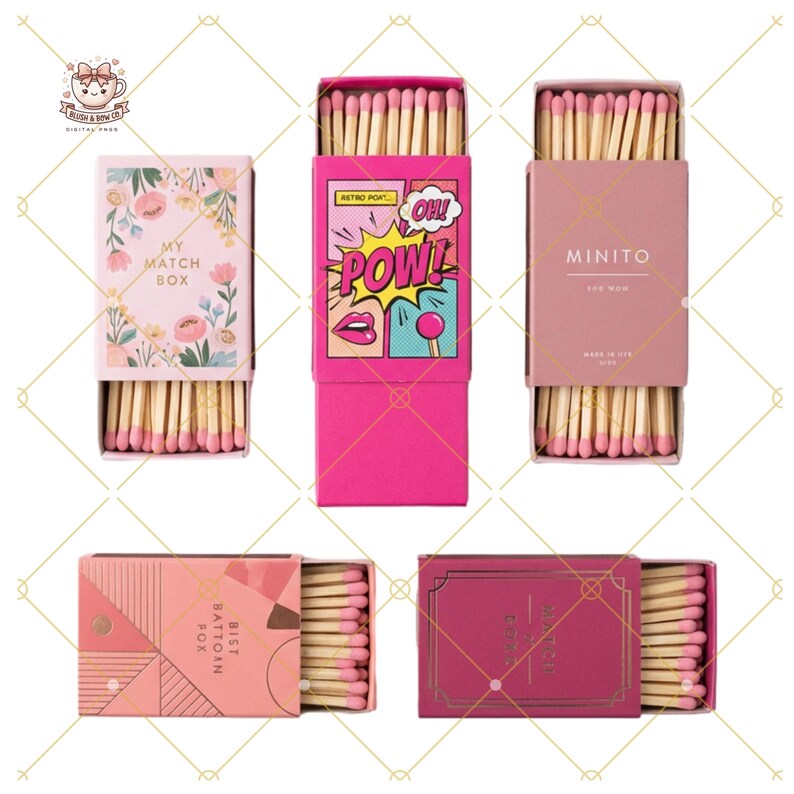 May include: Five decorative matchboxes with pink match heads. The boxes feature floral, comic book, and geometric designs. Text includes "MY MATCH BOX", "POW!", "MINITO", "BEST BATTOIN FOX", and "MAKE IT COUNT".