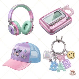 May include: A selection of pastel accessories: headphones, a pager, a baseball cap, and a keychain. The headphones are pink, green, and purple with a butterfly detail. The cap features a butterfly design and a pink peak. The keychain has charms.