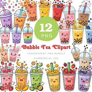 May include: A collection of 12 colorful bubble tea clipart images. Each cup features a different flavor and a smiling face. The image includes text that reads "Bubble Tea Clipart" and "Transparent PNG Bundle".