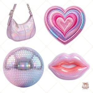 May include: A selection of accessories: a lavender iridescent shoulder bag with a silver chain strap, a heart-shaped embroidered patch in pink and purple, a disco ball, and a lip-shaped decorative item.