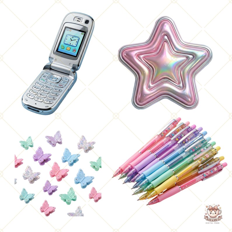 May include: A selection of pastel-coloured items. Includes a silver flip phone, a pink star-shaped compact, butterfly-shaped embellishments, and a set of colourful pens with floral accents.