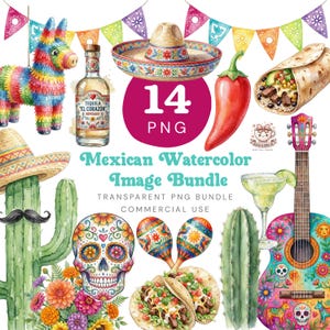 Peut inclure: Un ensemble d'images à l'aquarelle sur le thème mexicain. Comprend une piñata colorée, une bouteille de tequila, un sombrero, un piment, un burrito, une guitare, une margarita, des tacos, des maracas et une tête de mort. Le texte indique "Mexican Watercolor Image Bundle".