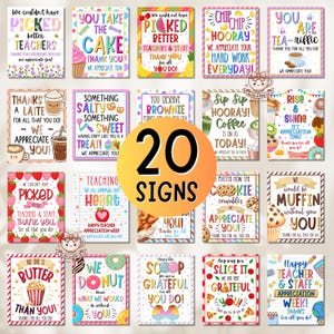 Può includere: Una collezione di 20 cartelli colorati di apprezzamento con vari disegni e frasi come "Grazie", "Ti apprezziamo" e "Buona settimana di apprezzamento degli insegnanti". I cartelli presentano illustrazioni di tazze di caffè, ciambelle e altre prelibatezze.