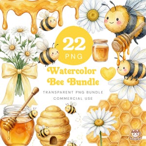 May include: A watercolour illustration of a bee-themed bundle. The image features bees, honey, daisies, and a honeycomb. Text includes "Watercolor Bee Bundle" and "22 PNG". The colour palette is yellow, white, and black.