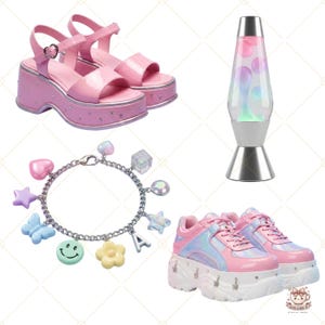 May include: Pink platform sandals with heart-shaped buckles and studded soles. A silver charm bracelet with colourful charms, including a heart, star, and smiley face. A lava lamp with pink and purple lava. Pink and iridescent platform trainers.