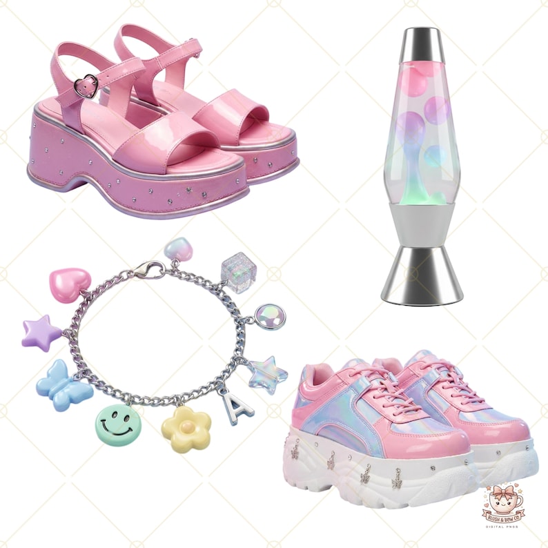 May include: Pink platform sandals with heart-shaped buckles and studded soles. A silver charm bracelet with colourful charms, including a heart, star, and smiley face. A lava lamp with pink and purple lava. Pink and iridescent platform trainers.