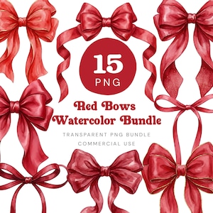 May include: Watercolor illustration of red bows in various styles. A red circle with the number 15 and the letters PNG is in the center. Text reads "Red Bows Watercolor Bundle" and "Transparent PNG Bundle Commercial Use."