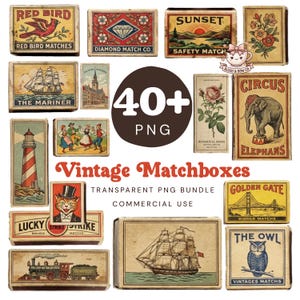 Peut inclure: Ensemble de boîtes d'allumettes vintage avec des motifs variés : un oiseau rouge, un diamant, un coucher de soleil, des fleurs, un voilier, un phare, des danseurs, un chat, un train, un éléphant, un pont et un hibou. Le texte "Vintage Matchboxes" est visible.