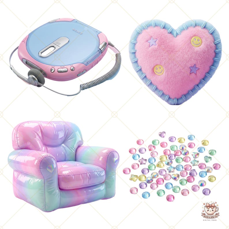 May include: A selection of pastel-toned items. Features a pink and blue CD player with headphones, a pink heart-shaped cushion with smiley faces and stars, a rainbow inflatable armchair, and assorted colourful gems.