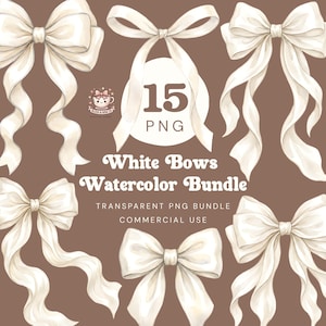 Op de afbeelding: Waterverfillustratie van witte strikken in verschillende stijlen, met vloeiende linten. De afbeelding bevat de tekst "White Bows Watercolor Bundle", "15 PNG" en "Transparent PNG Bundle Commercial Use" op een bruine achtergrond.