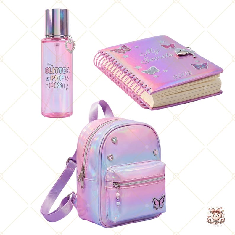 May include: An assortment of iridescent accessories: a "Glitter Pop Mist" bottle, a diary with a lock and butterfly details, and a small backpack. The backpack features a front pocket and a butterfly motif.
