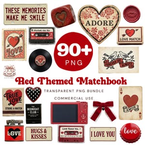 May include: A selection of red-themed digital graphics featuring hearts, matchbooks, a cassette tape, and a camera. Text includes "Love," "Adore," and "I Love You." Ideal for romantic or Valentine's Day designs.