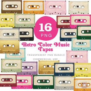 May include: A selection of sixteen retro cassette tapes in a variety of colours, such as gold, pink, green, and blue. The image includes a pink circle with "16 PNG". Text reads "Retro Color Music Tapes" and "Transparent PNG Bundle".