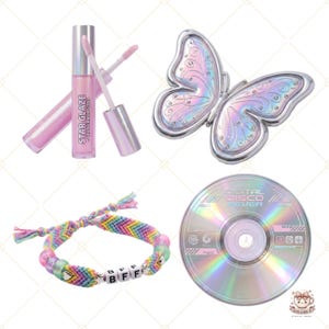 May include: A selection of items including two Star Glaze lip gloss tubes, a silver butterfly compact, a rainbow friendship bracelet with "BFF" beads, and a holographic CD with "Digital Disco Fever" text.