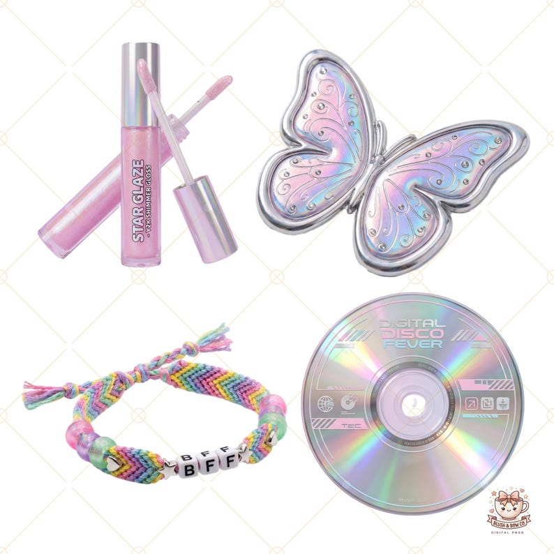 May include: A selection of items including two Star Glaze lip gloss tubes, a silver butterfly compact, a rainbow friendship bracelet with "BFF" beads, and a holographic CD with "Digital Disco Fever" text.