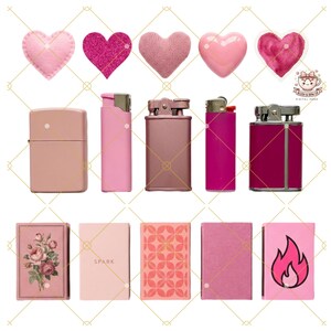 May include: A collection of pink lighters, matchboxes, and heart decorations. The lighters come in various shapes and shades, including a classic Zippo style and rectangular designs. Matchboxes display floral and geometric patterns, with one labelled "SPARK" and another with a flame graphic.