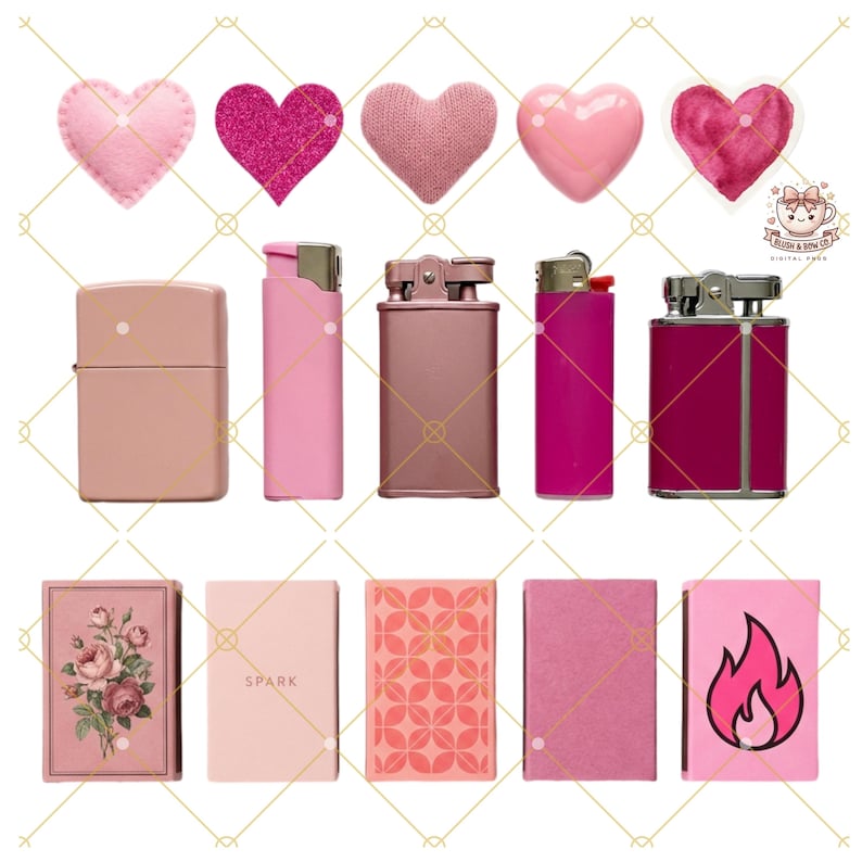 May include: A collection of pink lighters, matchboxes, and heart decorations. The lighters come in various shapes and shades, including a classic Zippo style and rectangular designs. Matchboxes display floral and geometric patterns, with one labelled "SPARK" and another with a flame graphic.