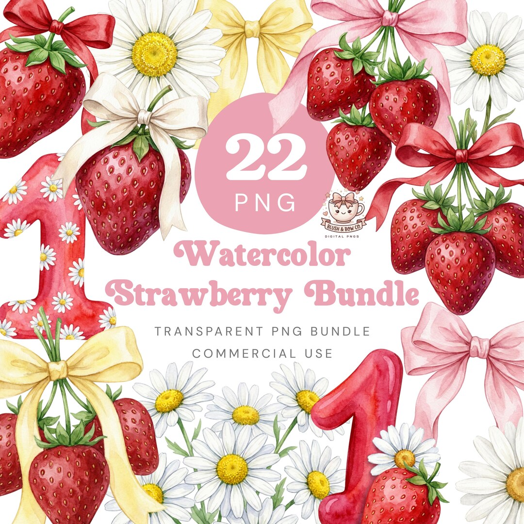 Red Strawberry Watercolor Png Bundle, Berry First Strawberry Coquette ...