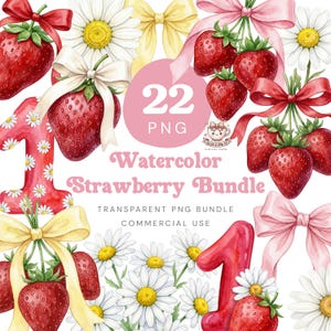 May include: Watercolor illustration featuring strawberries, daisies, and bows. The image includes the text "22 PNG Watercolor Strawberry Bundle" and "Transparent PNG Bundle Commercial Use". The strawberries are red with green stems, and the bows are pink, yellow, and white.
