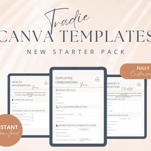May include: Digital Canva templates for Tradie, featuring a new starter pack with employee onboarding forms, health information, and training checklists. The templates are fully customizable and available for instant download.