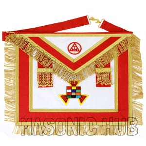 May include: A red and white Masonic apron with gold fringe and accents. The apron features a red triangle, a symbol, and a multi-colored square design. The text "MASONIC HUB" is visible.