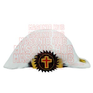 May include: A white hat with a decorative emblem featuring a red cross on a black background. The emblem is surrounded by gold trim and a black starburst design. The text "MASONIC HUB" is overlaid on the image.