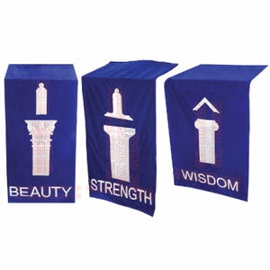 May include: Three blue fabric banners with white Masonic symbols and text. The banners display the words "BEAUTY", "STRENGTH", and "WISDOM". Each banner has a different symbol design.