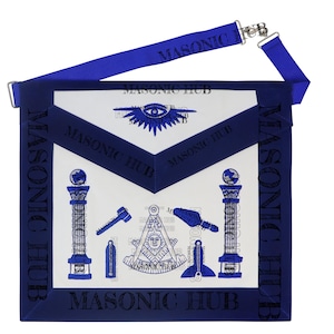 May include: A blue and white Masonic apron with the text "MASONIC HUB" printed on the border and strap. The apron features Masonic symbols, including an eye, pillars, and tools. The apron is made of fabric.