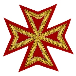 May include: A red Maltese cross with gold embroidery and sequin detailing. The cross has eight points and a central design. The gold embroidery outlines each point and the centre of the cross. The sequins are placed along the gold embroidery.