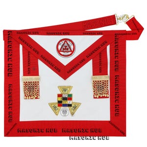 May include: A white and red ceremonial apron featuring a triangular flap, two red tabs with gold-toned metal chains, and embroidered emblems. The red border and strap are printed with the text MASONIC HUB repeatedly in a black sans-serif font.