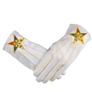 May include: A pair of white leather gloves with a colorful embroidered star design on the back of each hand. The star features red, yellow, blue, and green elements. The gloves are likely for ceremonial or formal wear.