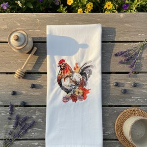 Embroidery Rooster tea towel 27x27 for the Homestead Decor