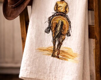 Pano de prato bordado com cowboy cavalgando ao pôr do sol, decoração de cozinha estilo faroeste, presente rústico para fazenda, saco de farinha.