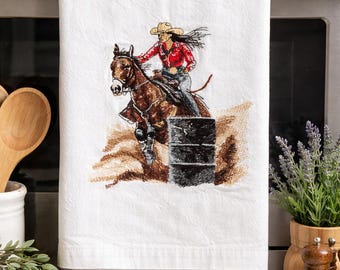 Embroidered Barrel Racing Cowgirl, Kitchen Towel Rodeo Decor Horse Lover Gift Farmhouse Western Kitchen