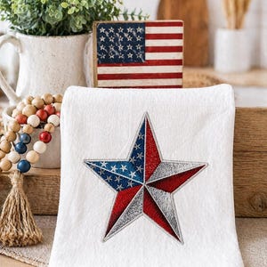 Patriotic Kitchen Towel Memorial Day Americana Farmhouse Styling American Flag Star Embroidered Tea Textile 4th July Independence